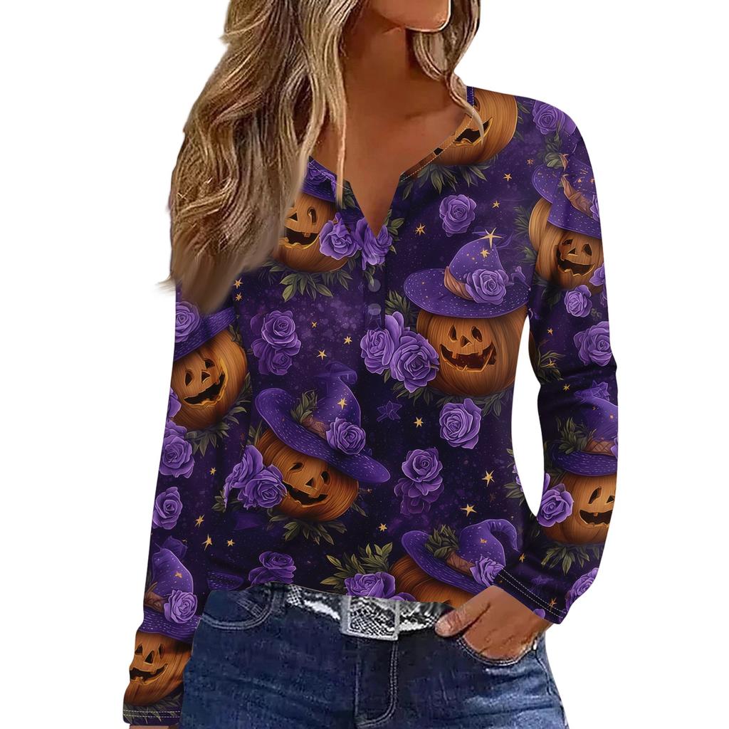 Women's Casual Long Sleeve T-Shirt with Halloween Print V-Neck Button for Parties