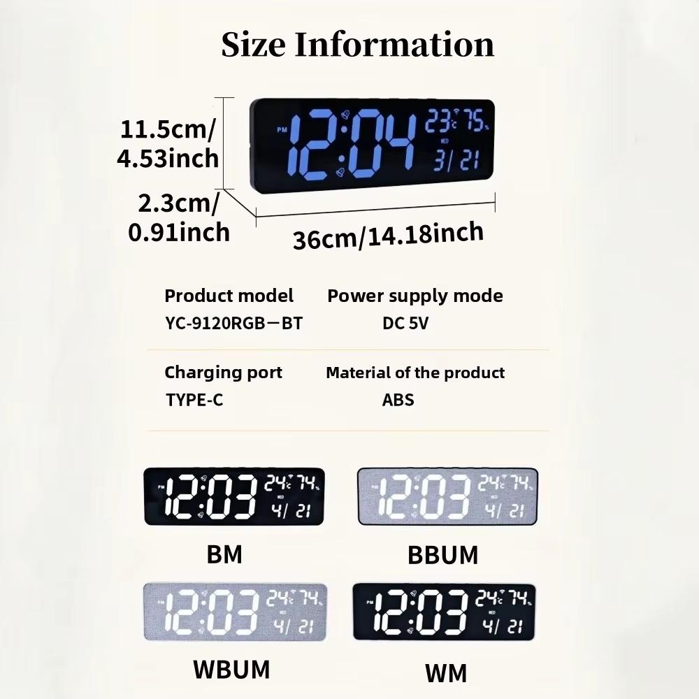 36*11.5*2.3cm Large RGB Digital Wall Clock TEMP Humidity Date Week Count-up Countdown 12/24H Bluetooth Time Synchronization LED Clock