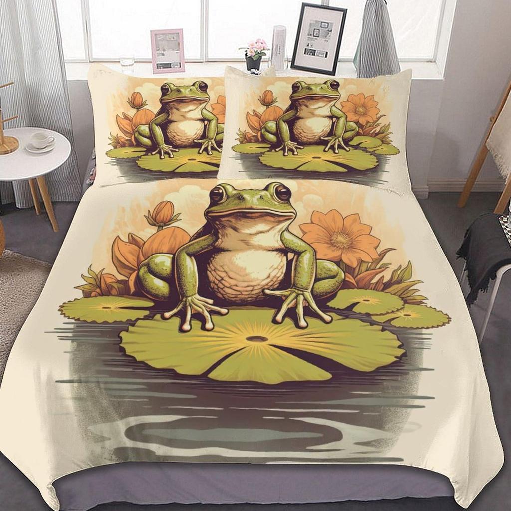 Frog And Lotus Leaf Duvet Cover Sets For Kids Boys Girls Lightweight Quilt Covers Green Animals Themed Bedding Set Bedroom Decor