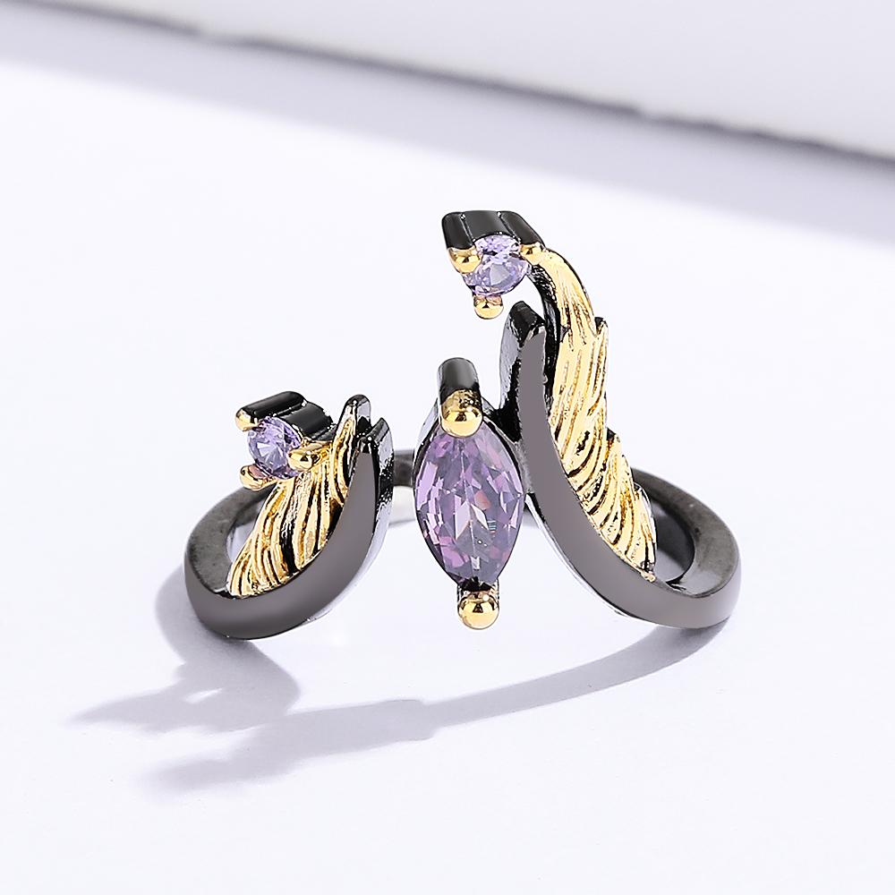 2025 New Black Gold Purple Zircon Jewelry Opening Adjustable Feather Shape Ring Exquisite Party Jewelry Anniversary Gift
