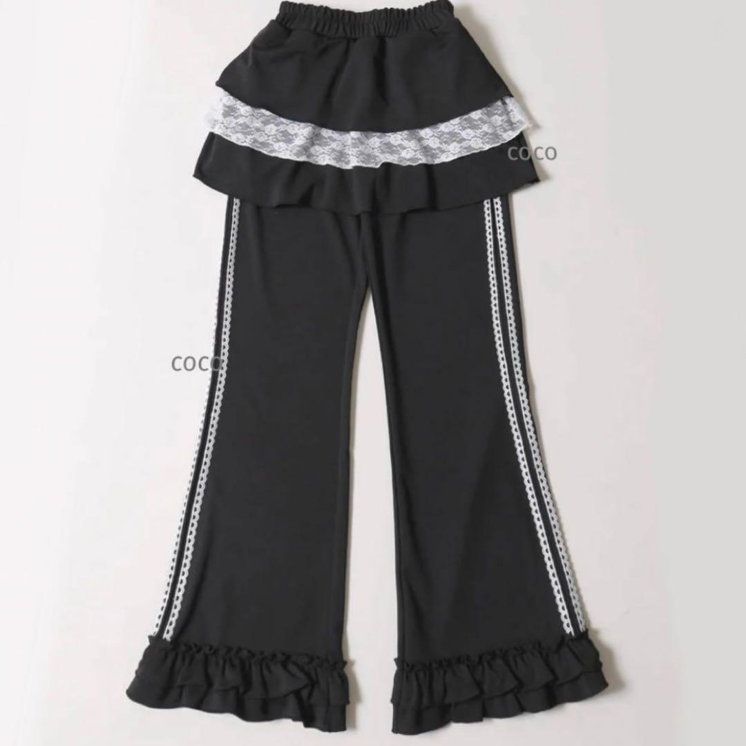 Jersey Track Pants Ruffle Lace Skirt Layered WEGO WC Black