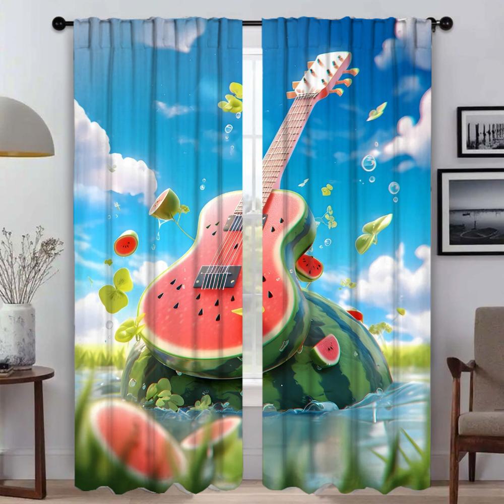 Cortina de janela de guitarra de melancia para sala 2 painéis cortinas anti-mosquito cortinas divisórias decoração de halloween tule para quarto