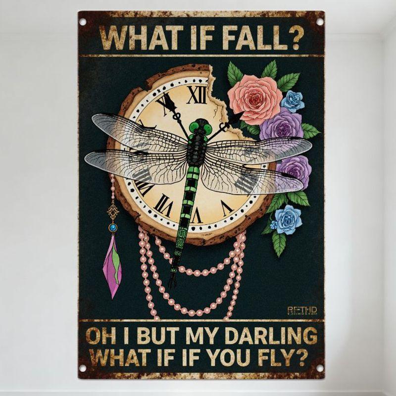 

Vintage Dark Teal Metal Sign with Dragonfly, Roses & Clock - What If Fall What If You Fly Retha Signature Home Wall Decor for 20x30cm（7.8x11.8inch）
