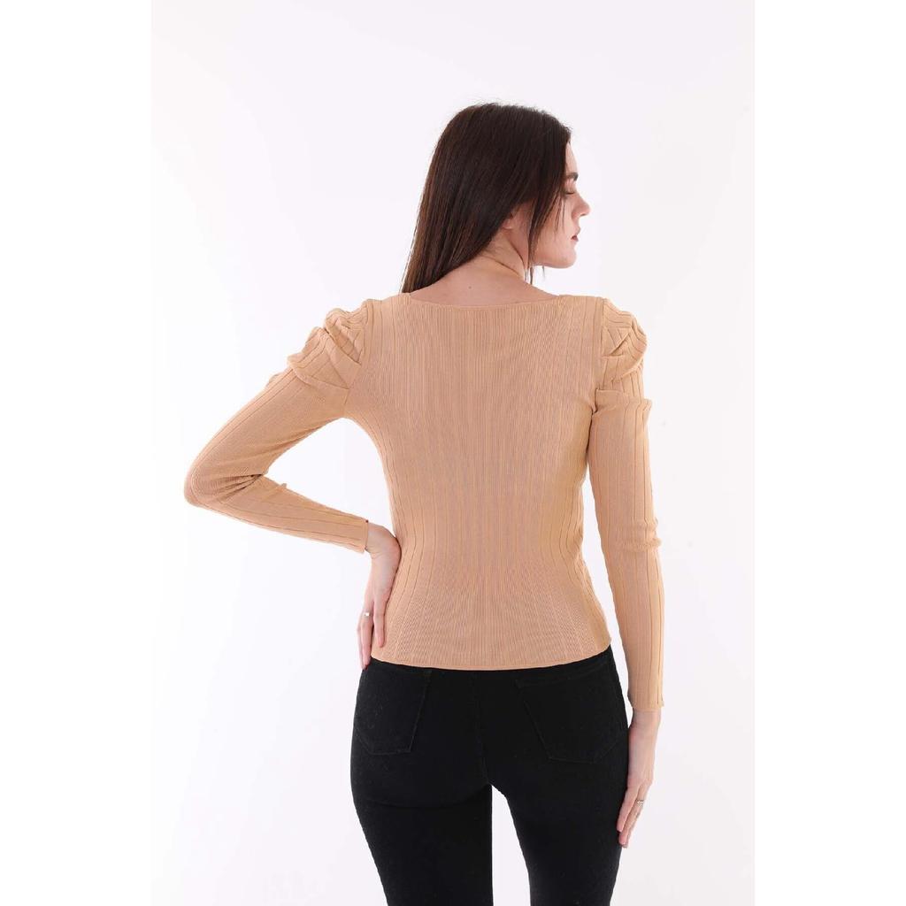 Women's Red Sleeve Pleated Gathered Princess Sleeve Square Collar Blouse Sweater