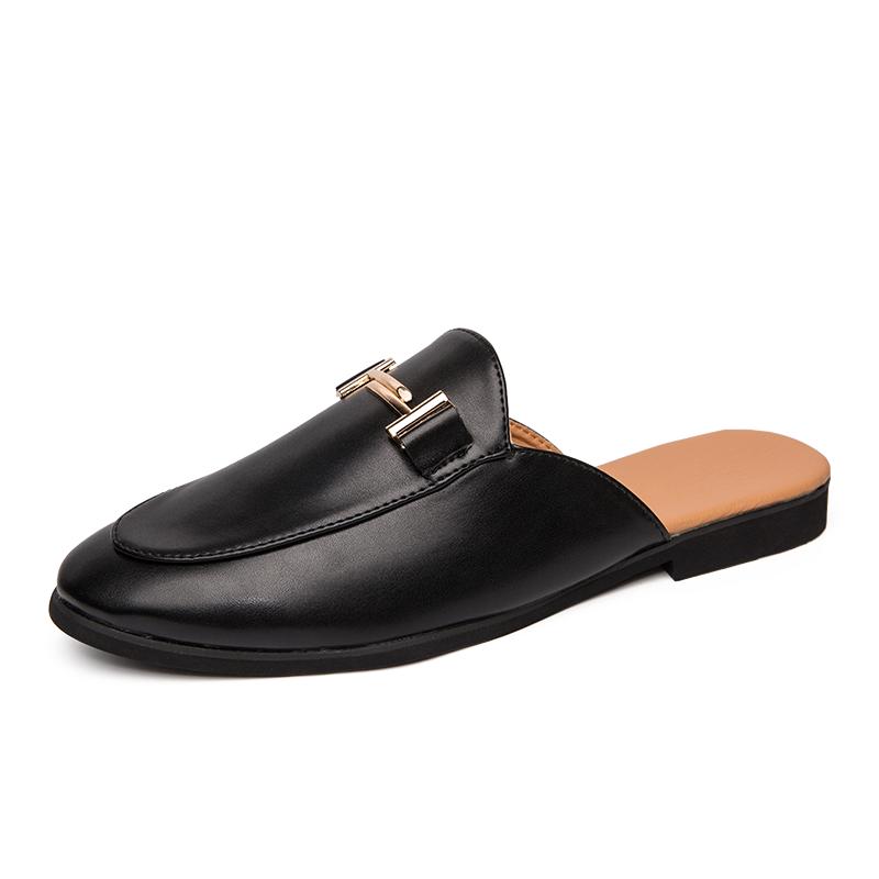 Fashion British Style Men Casual Leather Half Drag Shoes Fashion Flat Designer Outdoor Loafers Slip On Walking Round Toe Shoes Slippers