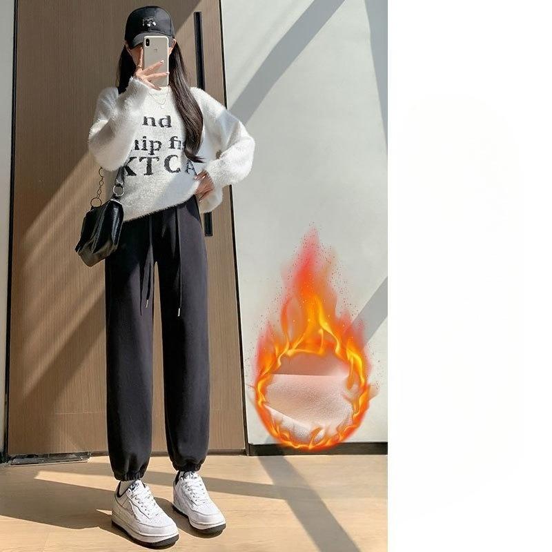 

Осень Зима Женские Утепленные Флисовые Повседневные Брюки Флисовая Подкладка Манжеты Брюки Гаремы Морковь M чёрный