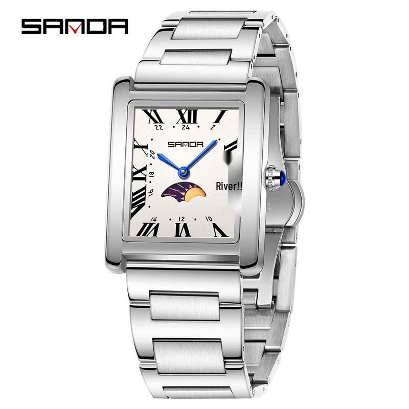 Sanda Elegant Ladies' Square Alloy Waterproof Quartz Watch with Roman Numerals and Moon Phase.