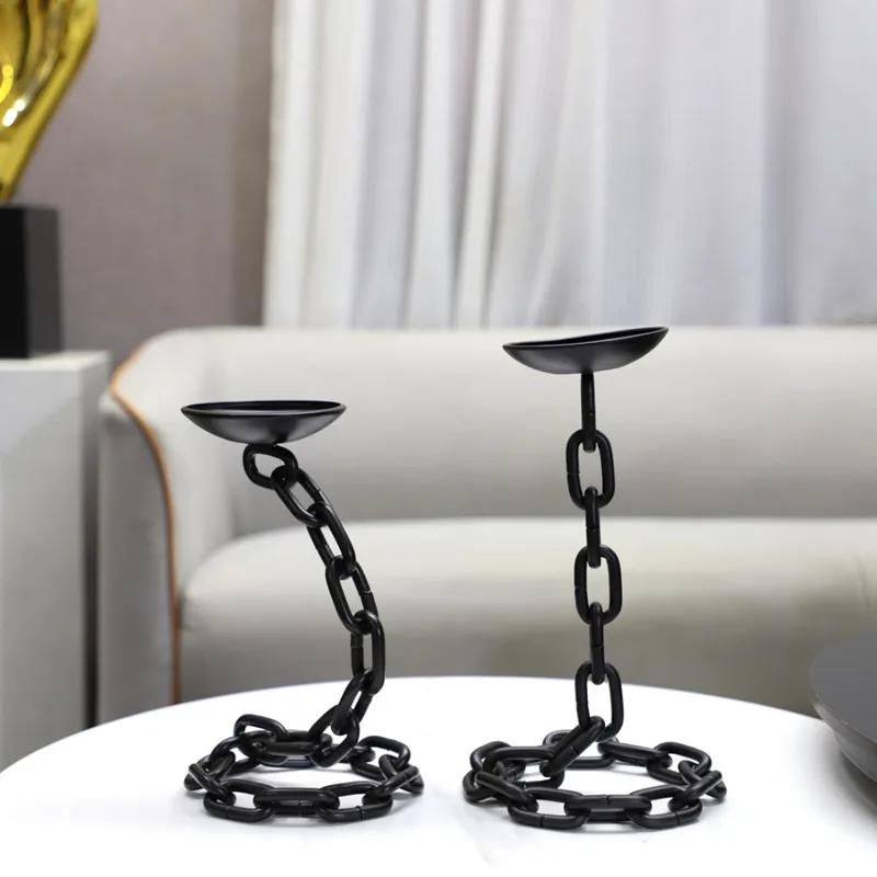 Portacandele in Ferro Nero a Catena Metallico Vintage, Ornamenti Decorativi da Scrivania, Centrotavola per Matrimoni, Arredamento per la Casa