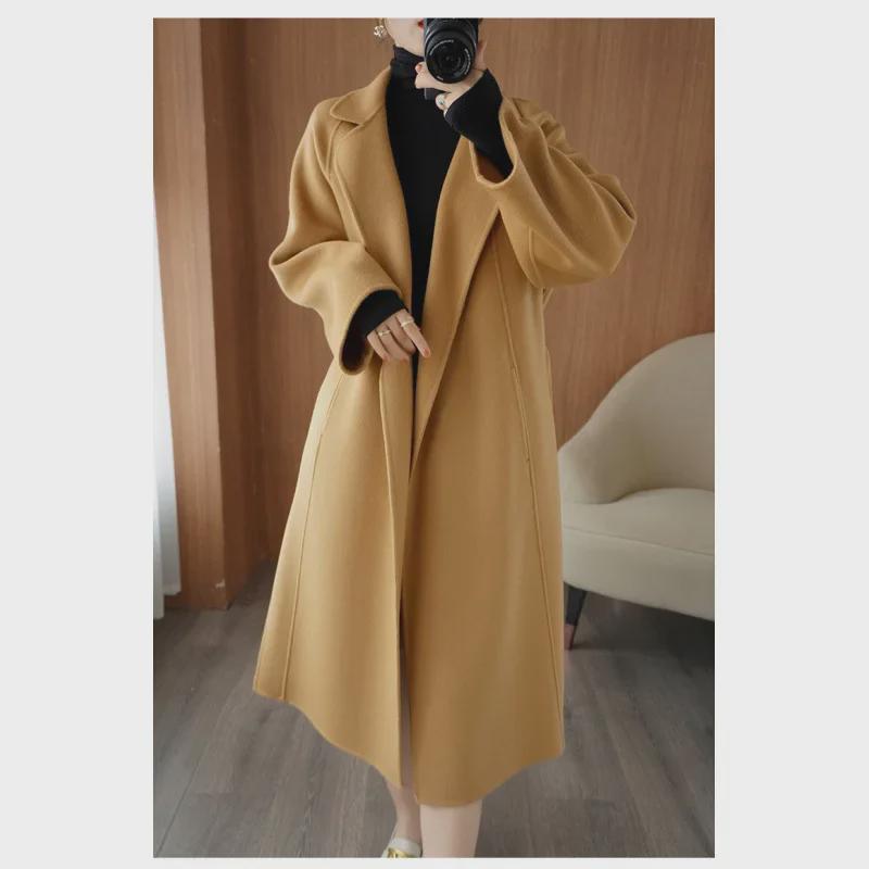 Women's Knee-Length Double-Sided Woolen Coat, Loose Fit, Large Size, 2024 High-End Autumn/Winter Collection