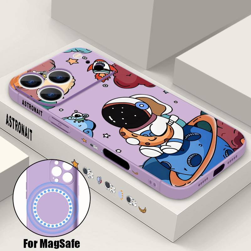 Cartoon Astonaut Planet Pattern Case For iPhone 16 Pro Max Magnetic For Magsafe Soft Cover For iPhone 17 15 14 13 Pro Max 17E 16E