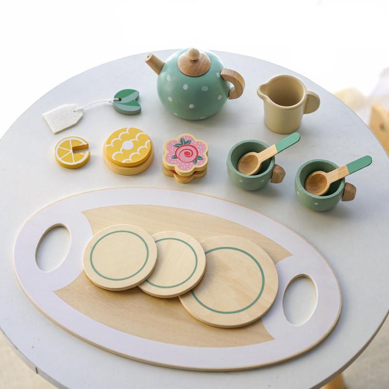 Tea Wooden Set Toddlers Play Party Children Food Dessert Tray Kitchen Teapot