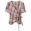 Women's Plaid V-neck Puff Sleeve Short Top