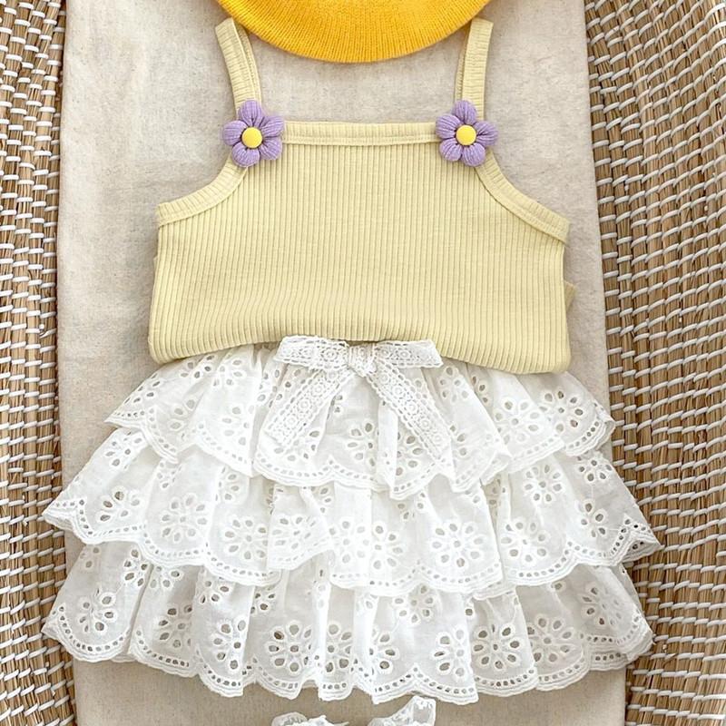 

2024 Summer Sweet Girl Clothes Sets Cute Cotton Sleeveless Top + White Lace Skirt Baby Girl Clothing 100