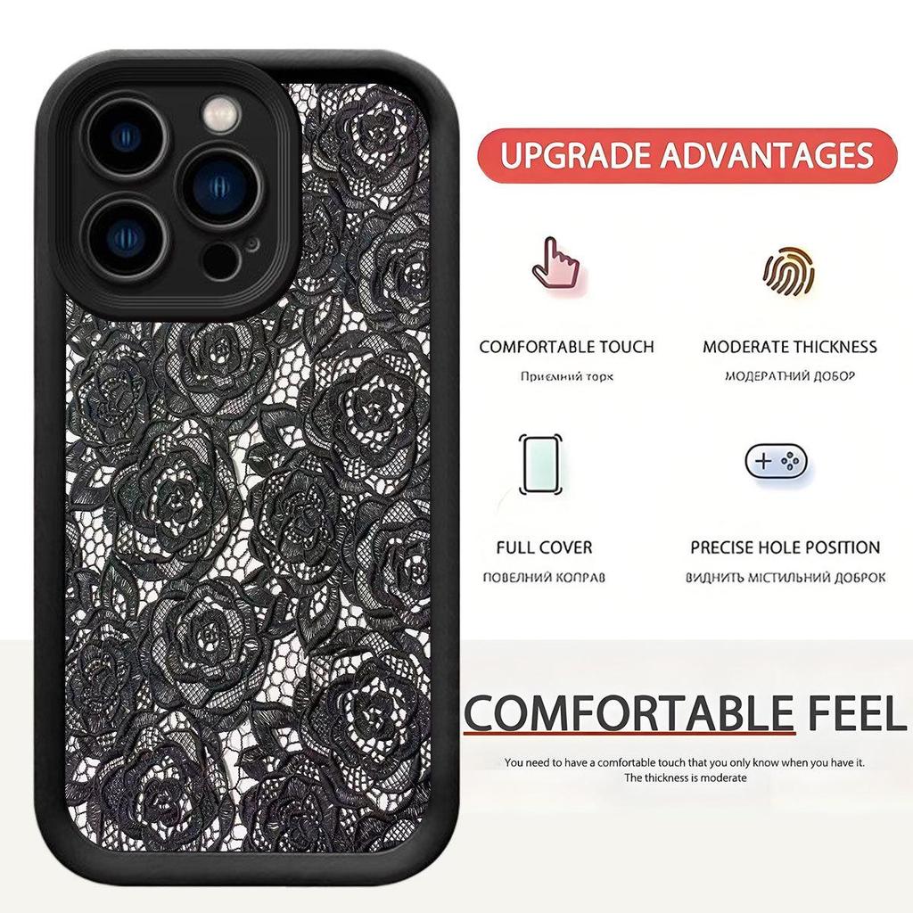 Black Lace Floral Design Phone Case for iPhone 15/16/17 Pro Max