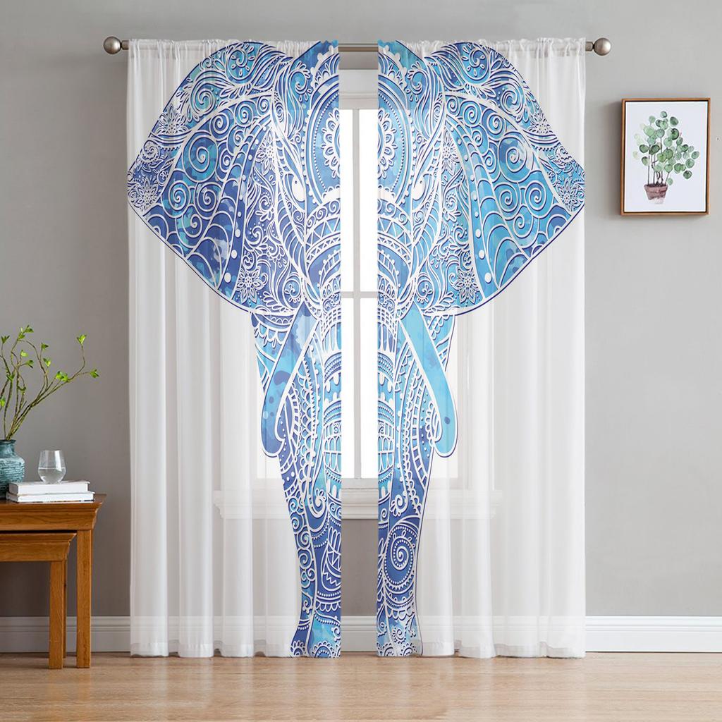 Elephant Art Indian Bobo Style Tulle Window Treatment Sheer Curtains for Kitchen Living Room the Bedroom Curtains Decoration