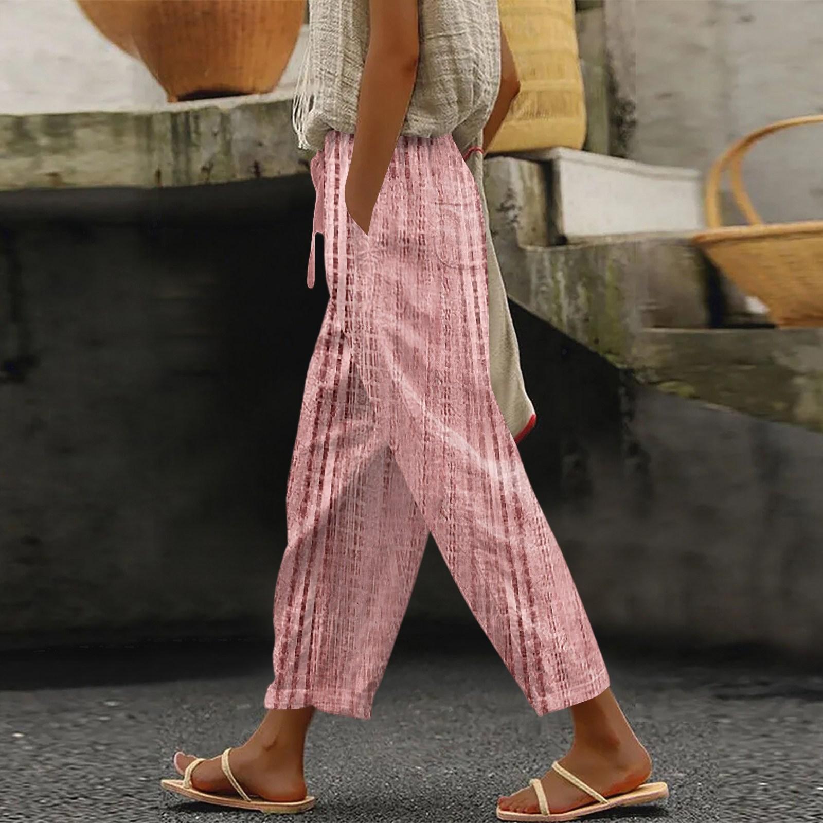 

Women s Fashionable Textured Print Drawstring Pocket Elastic Waist Casual Pants L рожевий