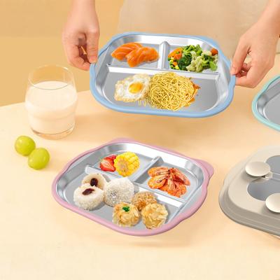 New Stainless Steel Baby Feeding Plate, Food Grade Silicone Suction Divided Plate, -Fall Heat Resistant Kids Dinner Plate