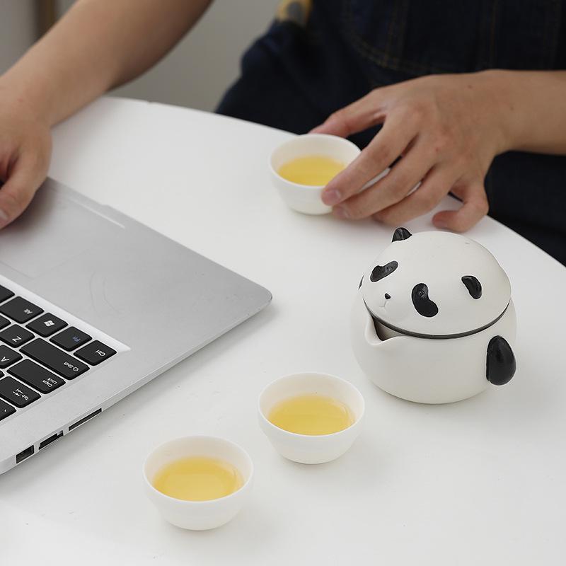 Red Panda Portable Tea Set: One Pot, Three Kung Fu Cups, Creative Ceramic Design
