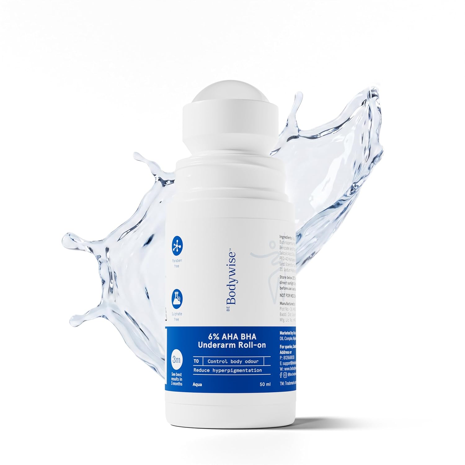 Be Bodywise 6% Aha Bha Underarm Roll On 50ml | 4% Lactic Acid, 1% Mandelic Acid, 1% Salicylic Acid | Aqua Fragrance 50ml