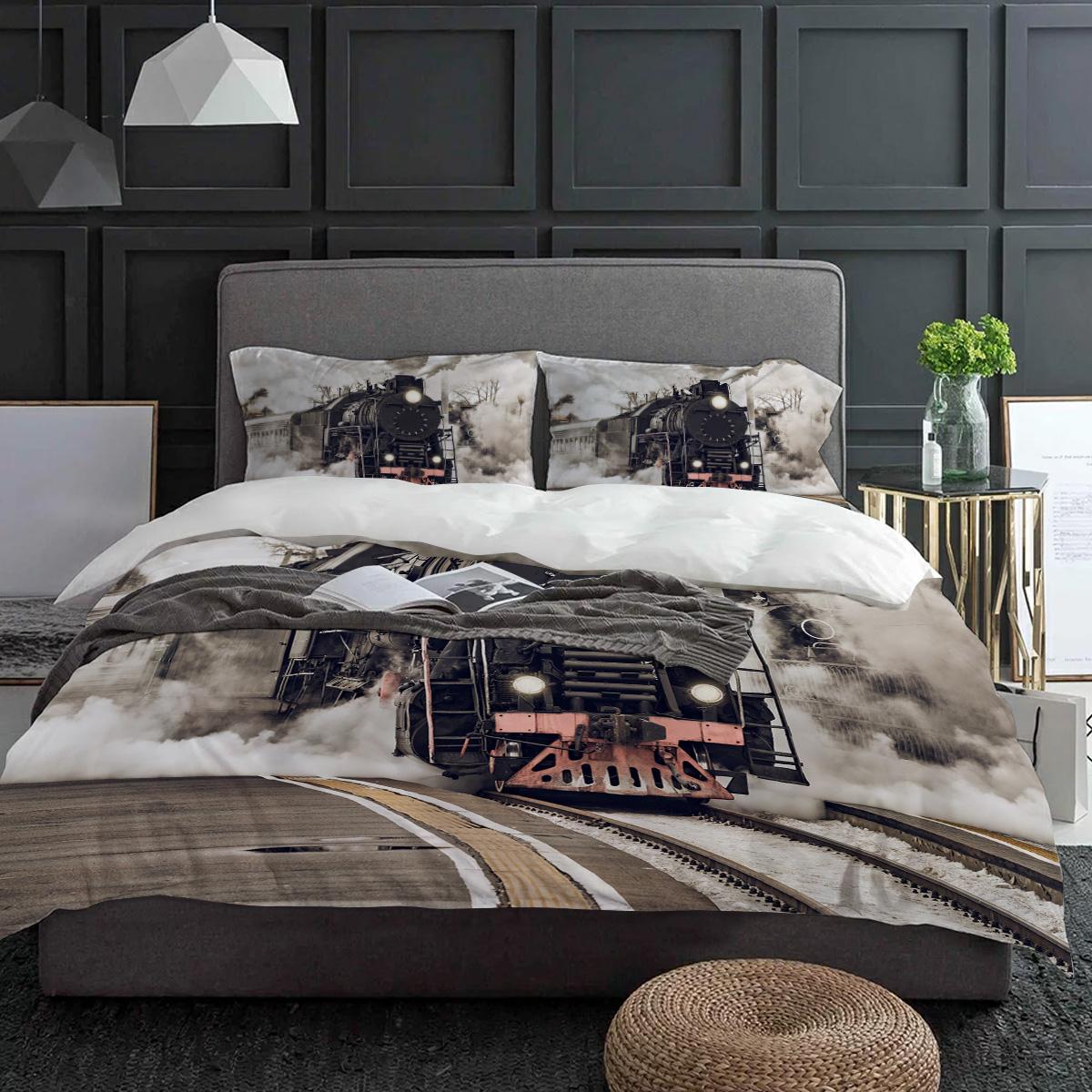 

The Steam Age Of Old Trains Bedding Set 3pcs Duvet Cover Pillowcase Kids Adult Quilt Cover Double Bed Set Home Textile (135x200cm)