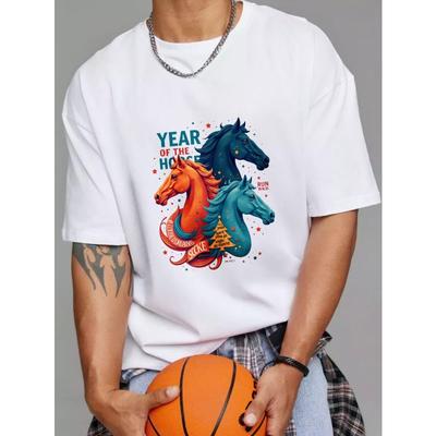 Crewneck T Shirt White Year of The Horse Three Colorful Horses and Stars Print Casual Wear for Men and Women