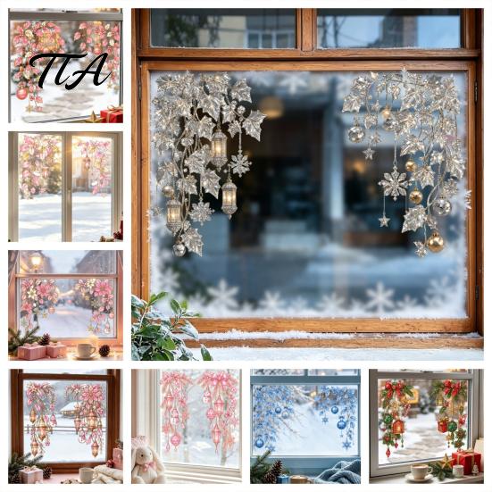 Holiday Glass Decals 2Pcs Christmas Window Clings, Static Sticker, Decal with Snowflakes Lantern Winter Wonderland Decor and Balls Patterns, Removable