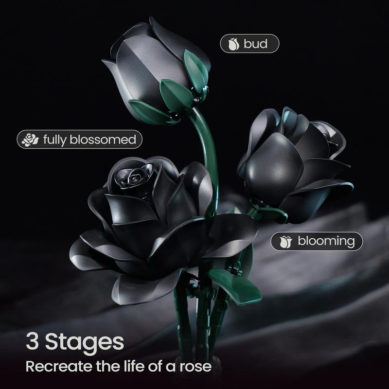 Black Rose Flower Bouquet Building Set, Black Rose Botanical Collection Blocks Kit Compatible for Adults Women, Artificial Flowers Gothic Decor for
