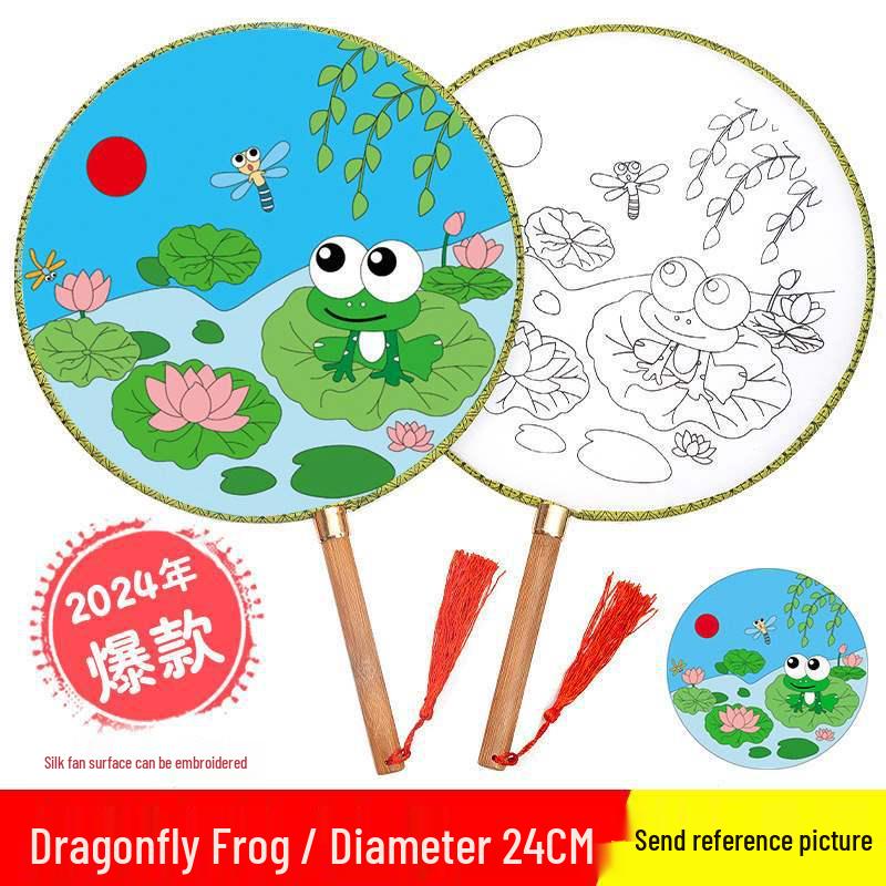 DIY Children's Silk Cloth Round Fan with Bamboo Handle - Palace Style Hand-Painted Kindergarten Craft