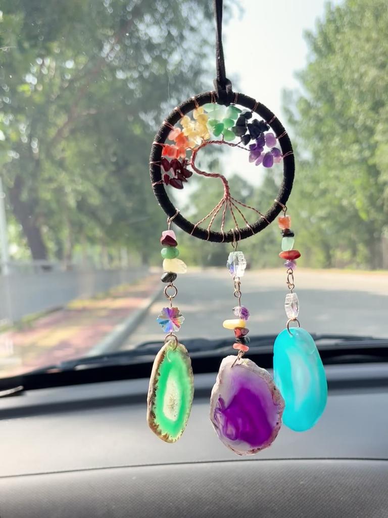 Chakra Tree Life Natural Raw Crystal Stones Crafts Handmade Polished Floral Pattern Fashion Trend Pendant Suncatcher Hanging Car