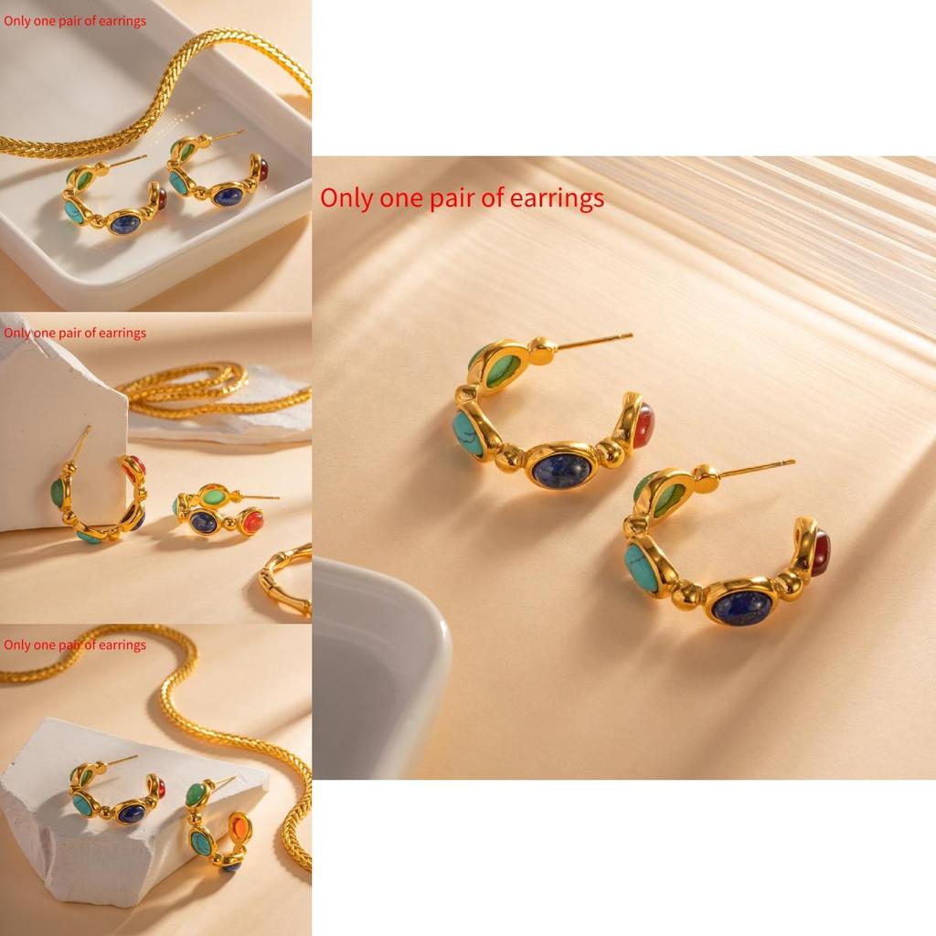 Fashionable And Versatile Stainless Steel Earrings With 18k Gold Plating Geometric Shape Embedded Natural Stone