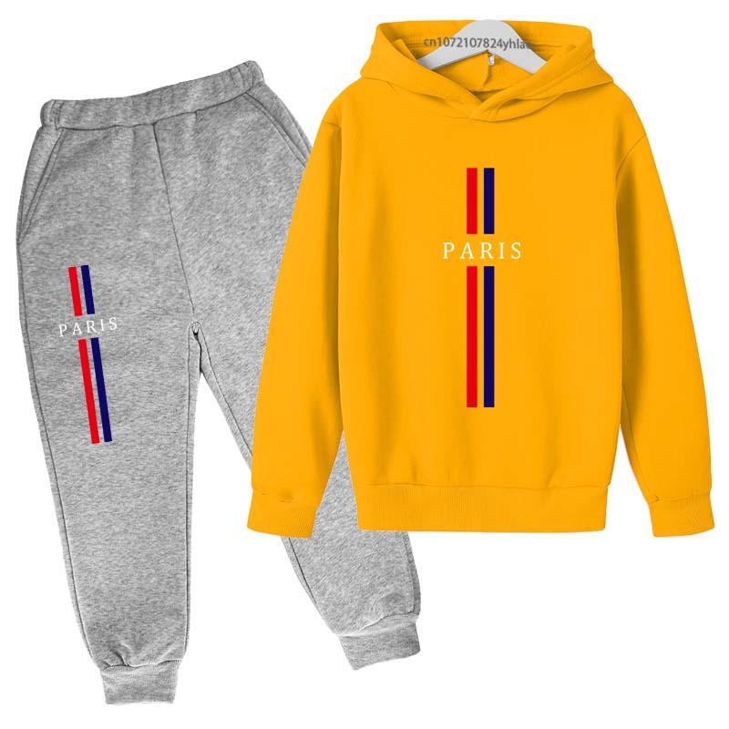 Jungen und Mädchen Herbst Freizeit Buchstabe Paris Aufdruck Hoodie+Hosen Anzug Mode Einfach Sport 2-teiliges Set Sport Trainingsanzug
