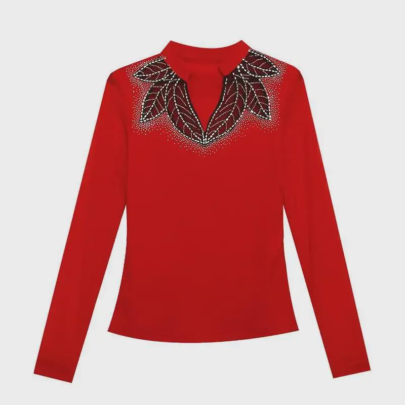 Bluză de toamnă 2023 de designer, slim fit, cu mâneci lungi, cu detalii hot diamond pentru femei