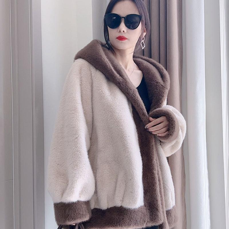 Kapuzenjacke aus kontrastfarbenem Nerz-Fleece-Pelzimitat für Damen mit integriertem, lockerem, dickem, warmem, langärmeligem Pelzmantel