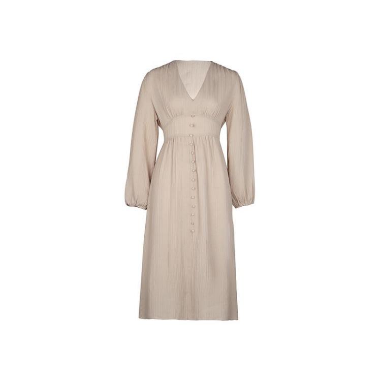 Elegantes Damen Chiffonkleid Hohe Taille A-Linie Knielang V-Ausschnitt Langarm Unifarben Herbst Winter