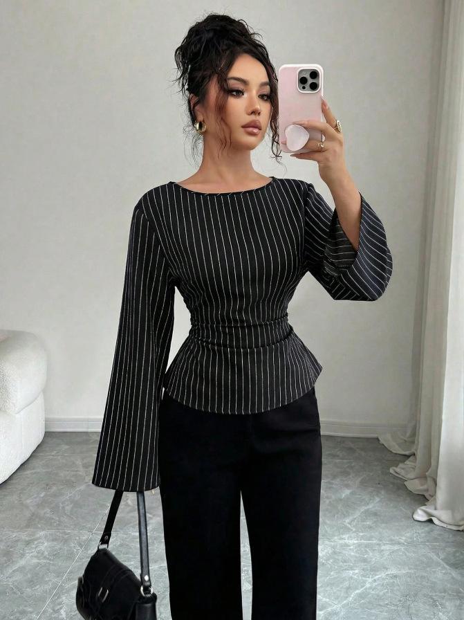 Women S Autumn Striped Flared Sleeve Round Neck Casual Shirt S чёрный