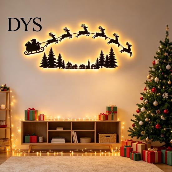 Wooden Christmas Wall Art Lighted Santa Sleigh Reindeer Decor with Remote, LED Flying Bedroom Decorative Night Light Art, Warm Backlit Peel And Stick