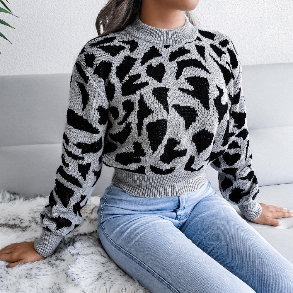 Leopard Print Knitted Crop Sweater Women Autumn Winter Long Sleeve O Neck Nipped Tops Sizes S to L