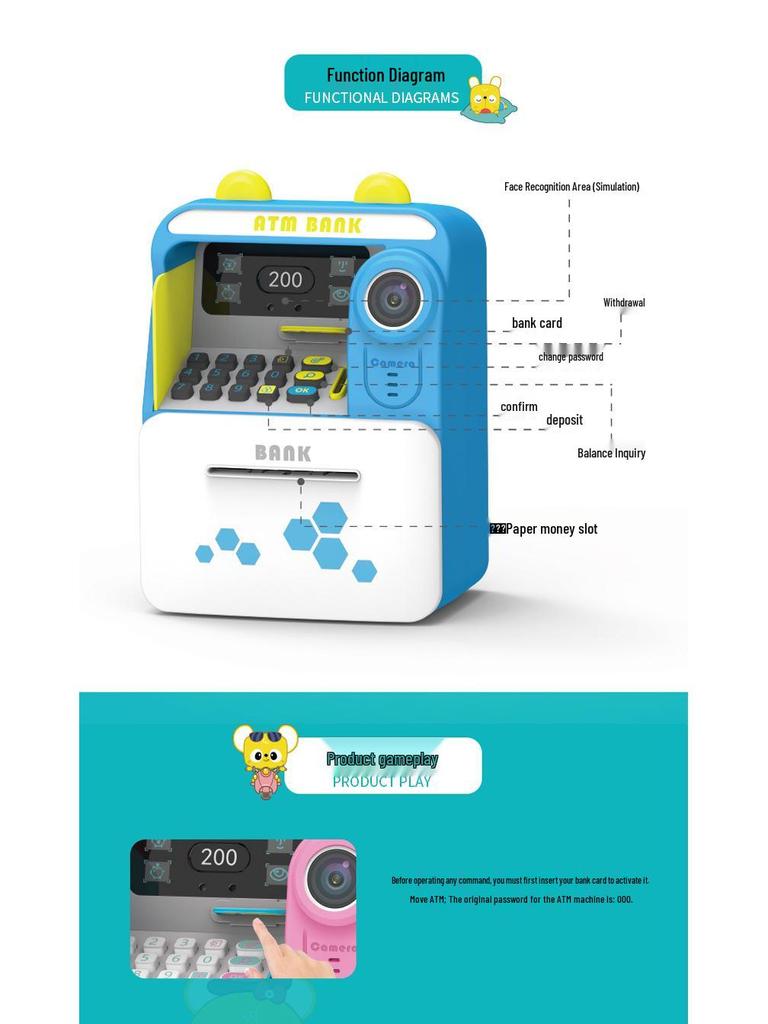 Smart ATM Money Box with Face Recognition and Password, Automatic Coin Loader - Children's Toy Safe