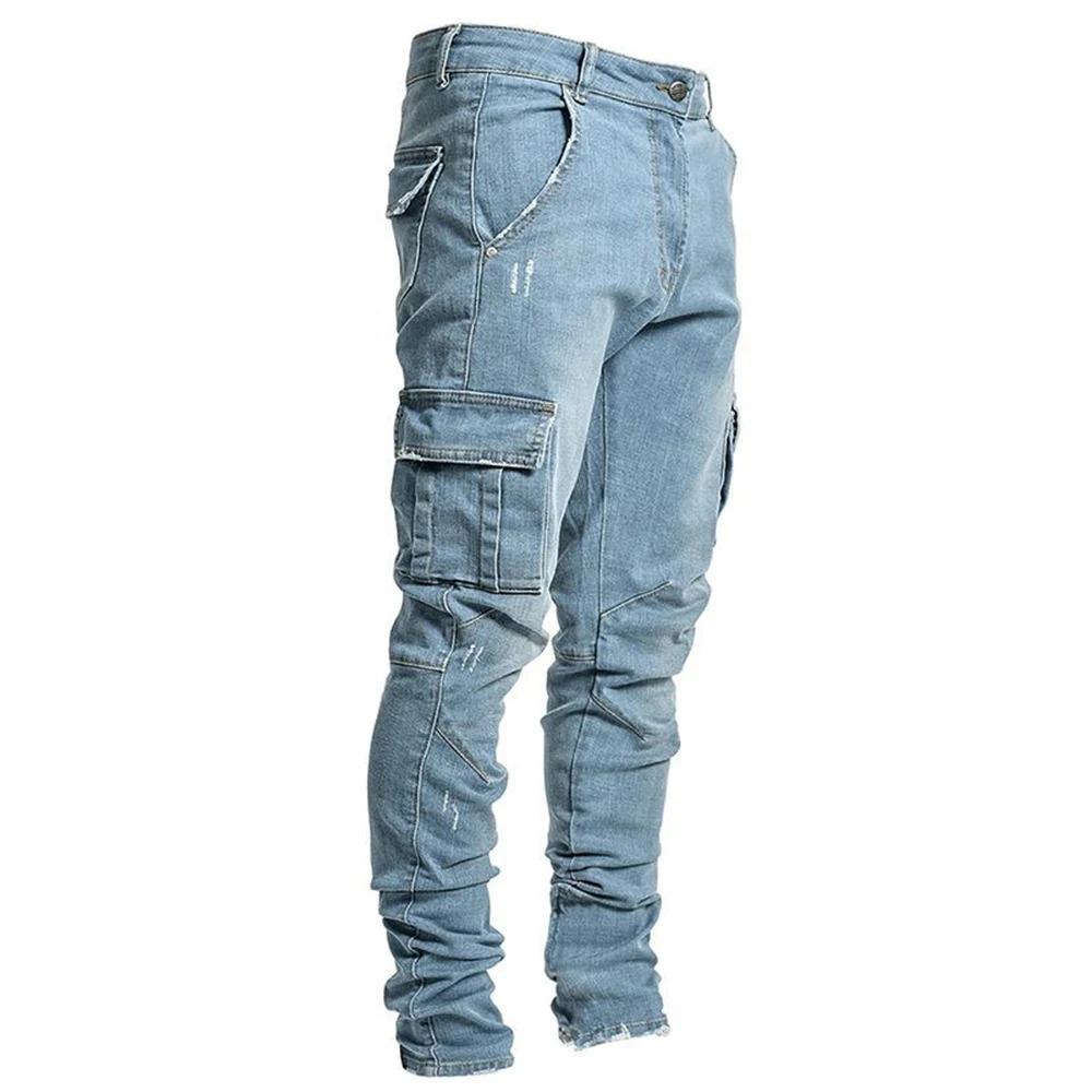Pánské džíny Street Elastic Jeans Cargo Kalhoty Seprané Jednobarevné Více Kapes Neformální Kalhoty Se Středním Pasem Slim Fit Denní Nošení Joggers