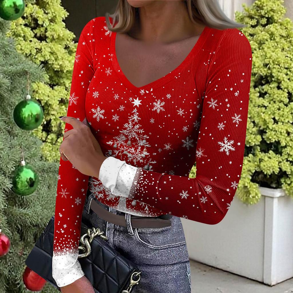 Women's Winter Slim-Fit Base Layer T-Shirt Fashionable Christmas Print V-Neck Pullover Long-Sleeved Top