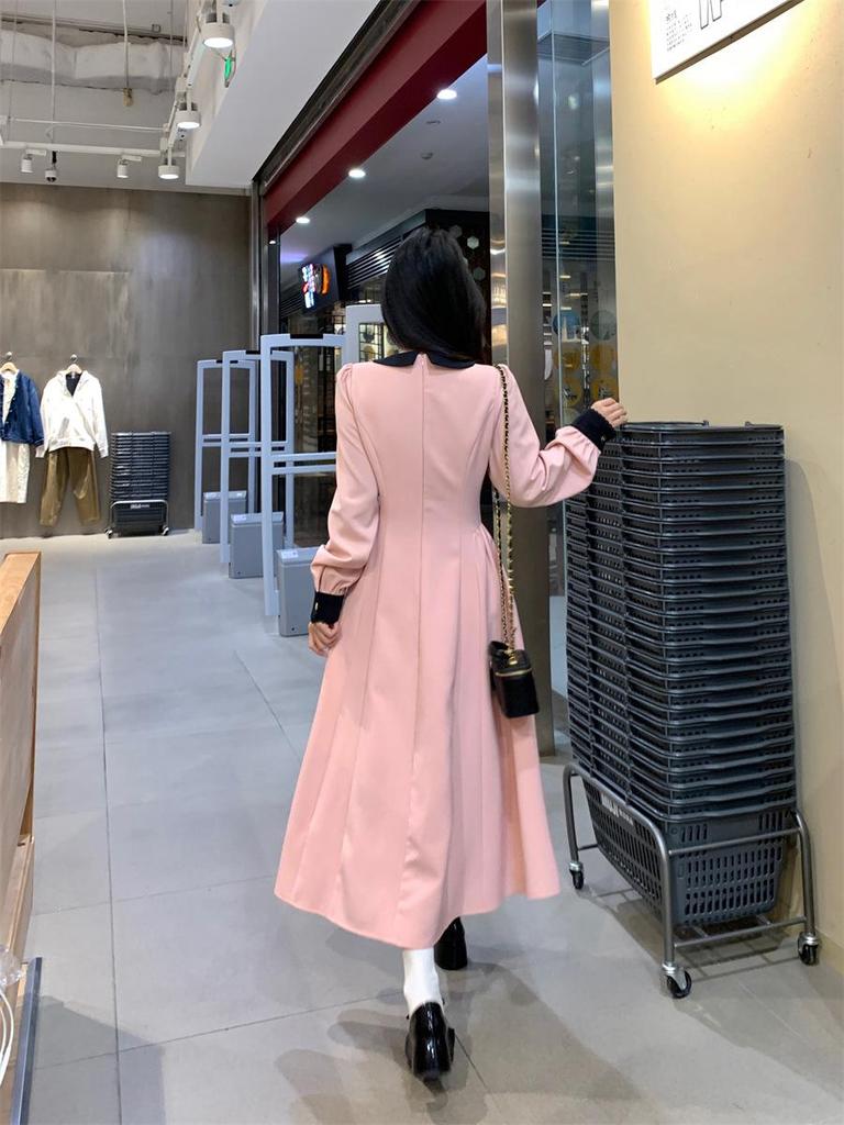 2026 Spring French Style Pink Collar Long-Sleeve Dress