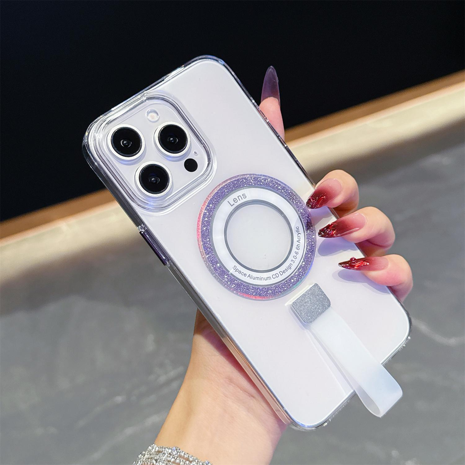 

For iPhone 15 Pro Max Magnetic Case with Handheld Strap Laser Glitter Clear PC Phone Cover Purple