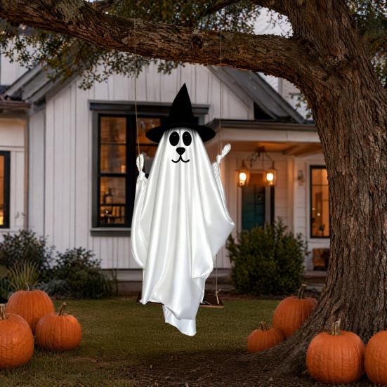Halloween Hanging Ghost for Outdoor Decoration Cute Flying Satin White Ghost for Home