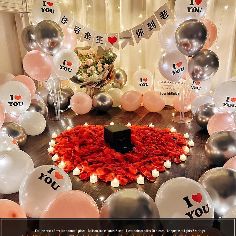 Romantic Proposal Decor Set: Balloons, Letter Lights & Indoor Scenic Arrangement