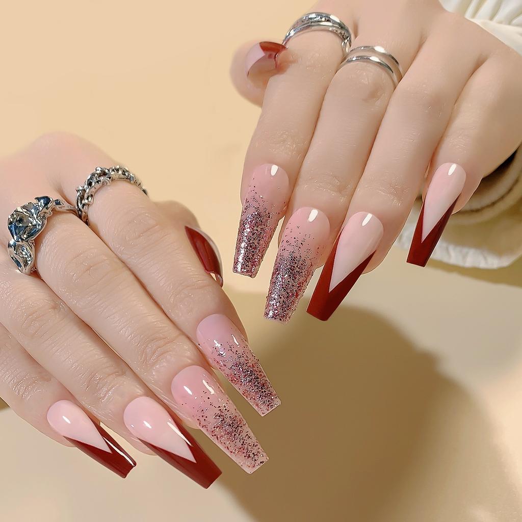 Extra-long Ballet Nail Fake Nail Patch Pink French Glitter Nail Art Finished Wear Nail Tablet Nail