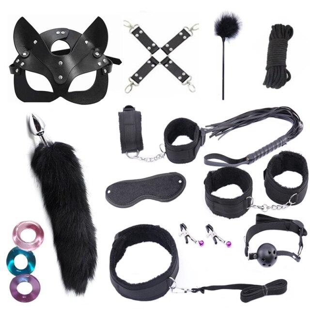 Sexy Mask Fox Tail Metal Anal Plug BDSM Sex Bondage Adult Sex Toys for Women Nylon Plush Sex Handcuffs Whip