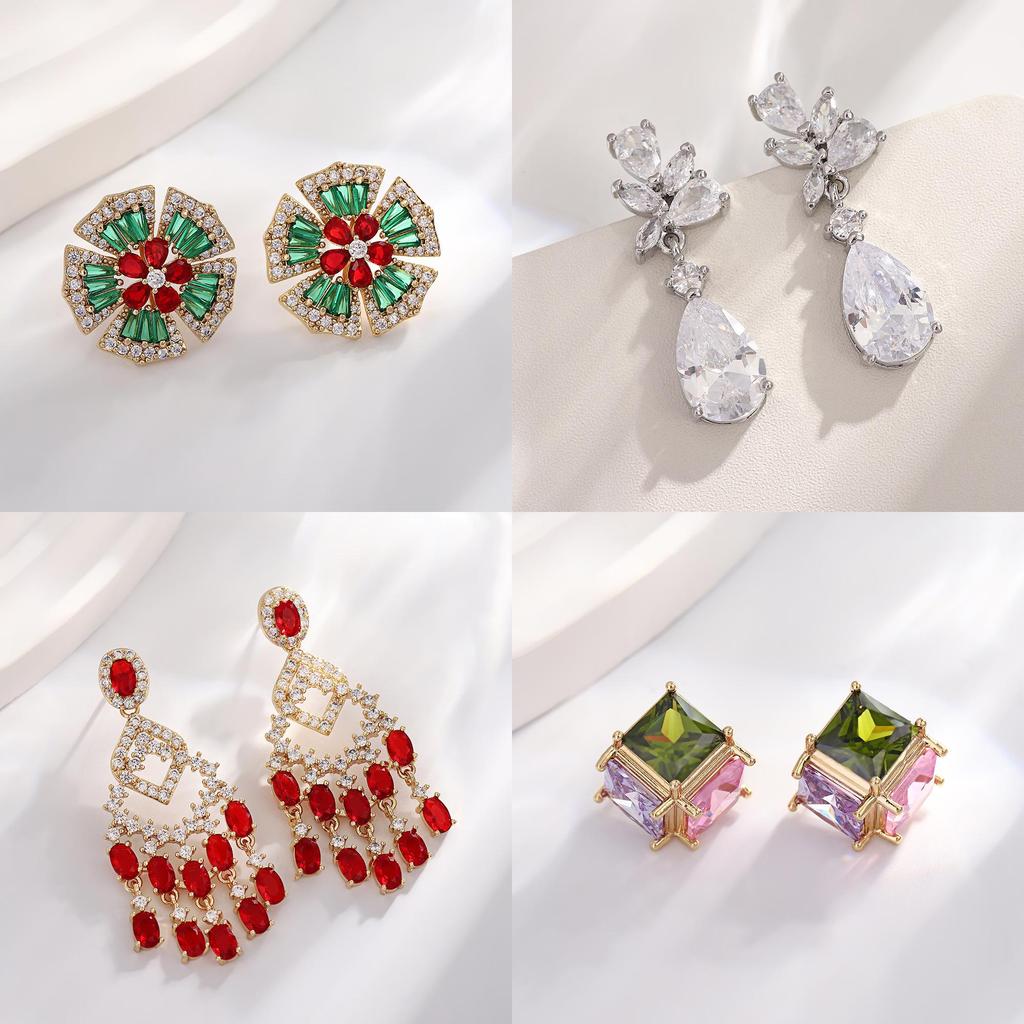 Zircon Drop Earrings With Glittering Lotus Water Drop Design For Women Summer