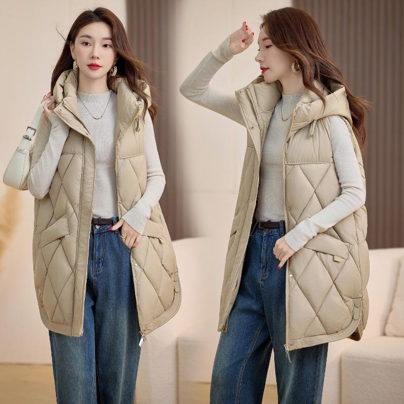 Rhombus Vest Women's Autumn and Winter New Thin Large Size Slim Hooded Vest Down Cotton Vest Women