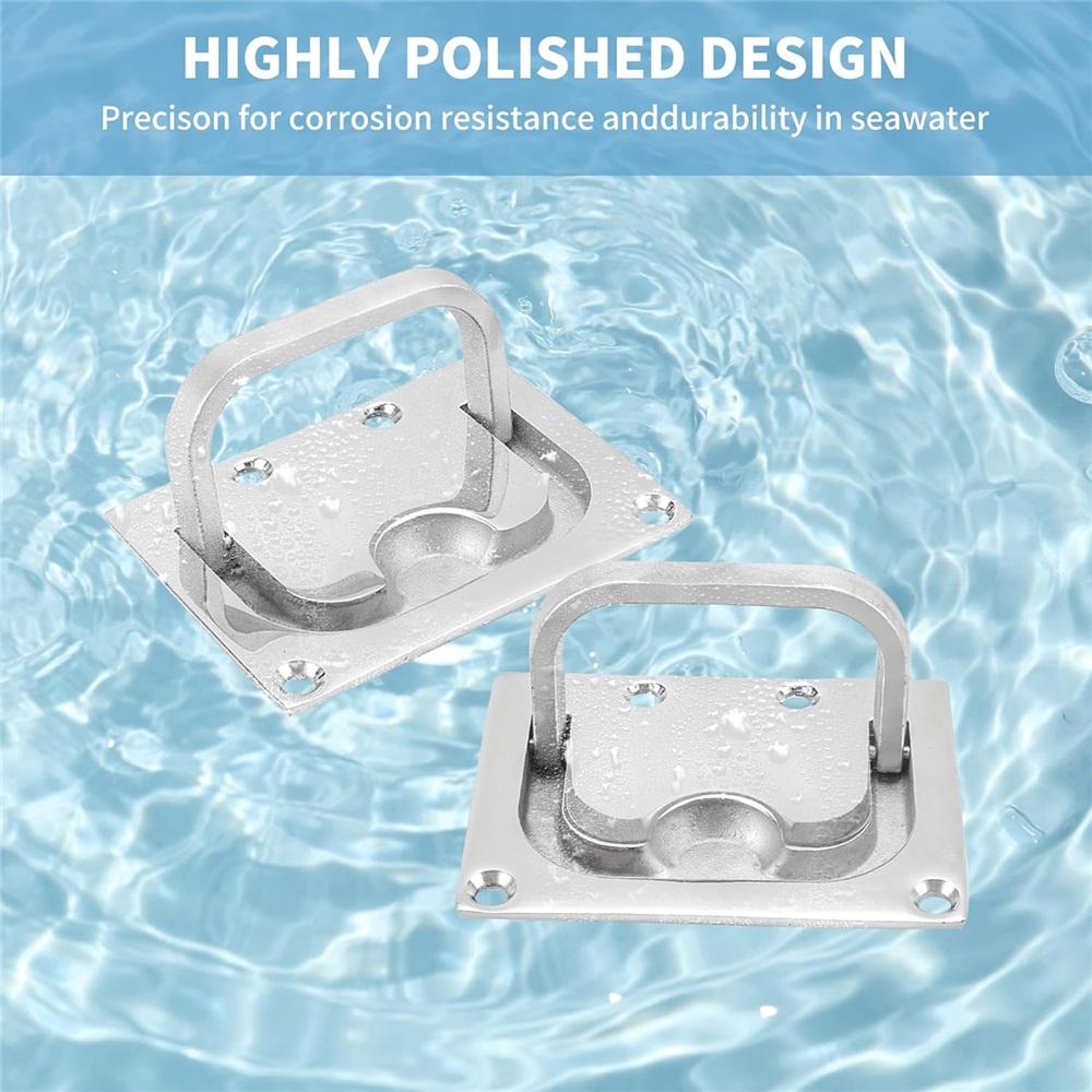 2-Pack Marine Grade 316 Stainless Steel Boat Pull Pan Lift Ring – Foldable Flush Deck Hatch Handle With Mounting Screws – 76x57mm, 9mm Thick