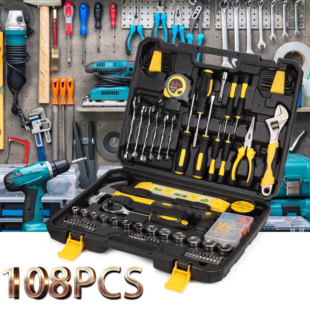 108 delar Verktygssats Hushållsbeslag Handverktyg Kombination Bilreparationskit Verktygslåda